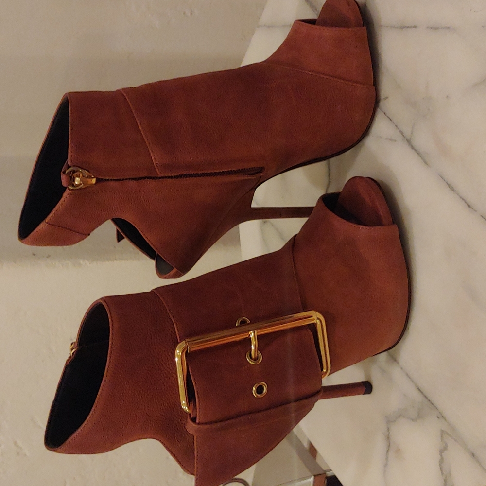 Giuseppe Zanotti Big Buckle Peep Toe Bootie in Brown Leather 36.5 (6.5)